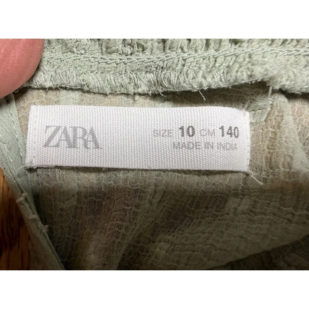 Zara Girls Size 10 Sage Green Swiss Dot Ruffle Long Sleeve Boho Shift Mini Dress